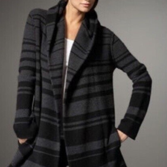 VINCE Striped Black Gray Open Cardigan Sweater Cashmere Wool Size XS S Oversized - Picture 10 of 10